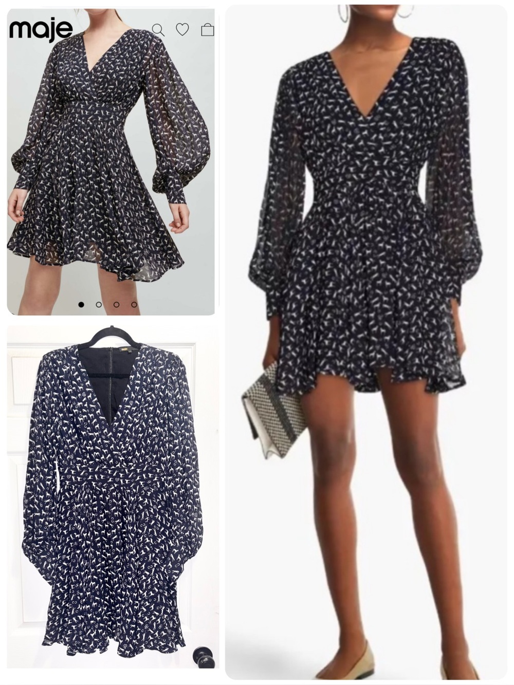 Maje Rasmo Horse Print Dress Equestrian Navy Blue Size Medium 38